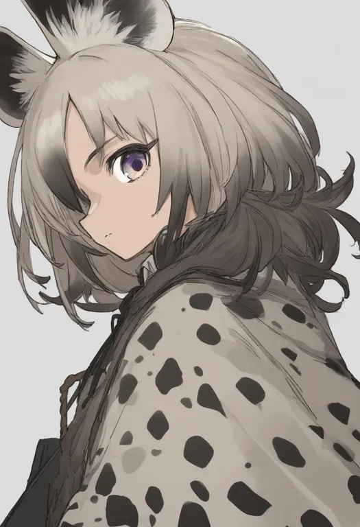 masterpiece, best quality, general, hyena ears, 1girl, solo, simple background — by k3scat, made with ComfyUI
