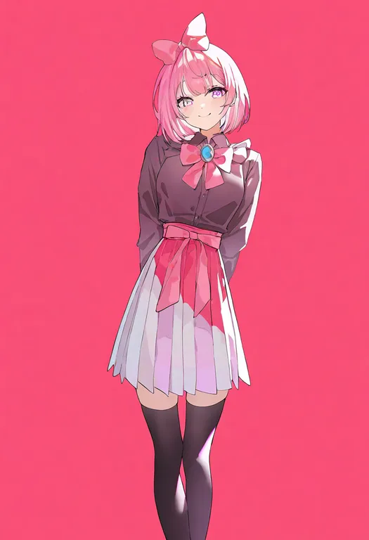masterpiece, best quality, newest, absurdres, highres, safe, pink_bow, 1girl, solo, simple_background — by k3scat, made with ComfyUI