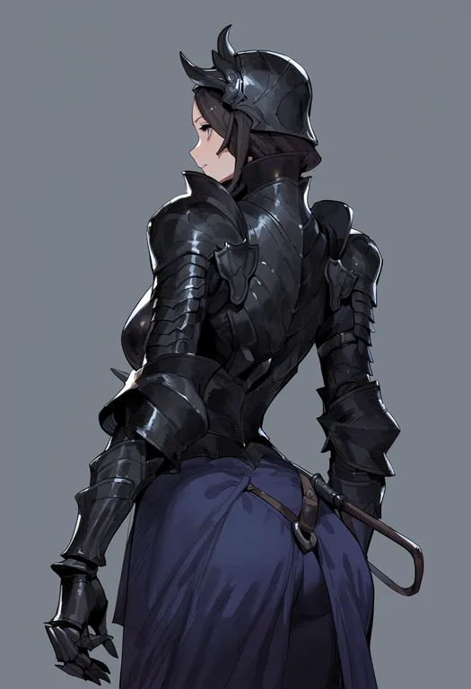 masterpiece, best quality, score_7, safe, black armor, 1girl, solo, simple background — by k3scat, made with ComfyUI