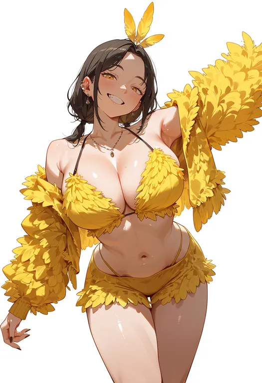 masterpiece, best quality, score_7, safe, yellow feathers, 1girl, solo, simple background — by k3scat, made with ComfyUI