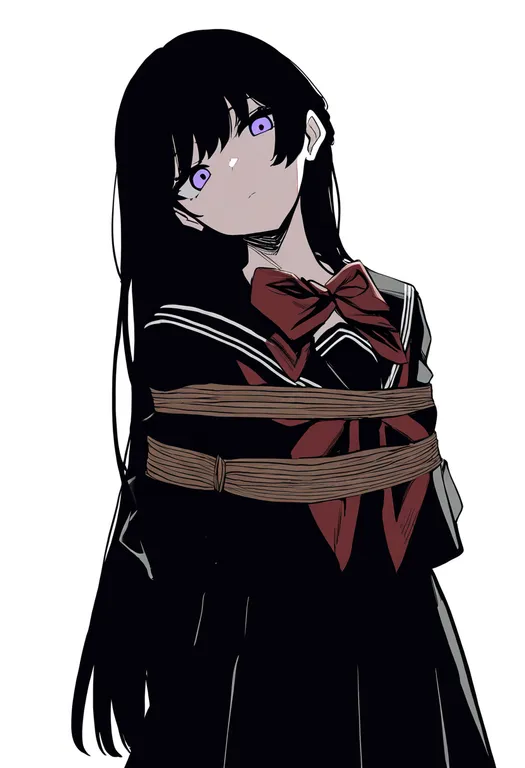 masterpiece, best quality, newest, absurdres, highres, safe, tied_up_(nonsexual), 1girl, solo, simple_background — by k3scat, made with ComfyUI