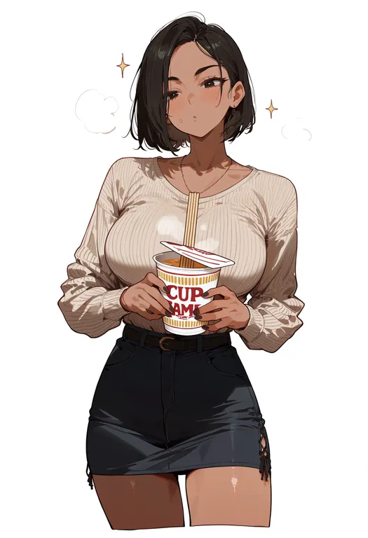 masterpiece, best quality, score_7, safe, cup ramen, 1girl, solo, simple background — by k3scat, made with ComfyUI