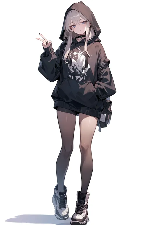 masterpiece, best quality, score_7, safe, hood, 1girl, solo, full body, simple background — by k3scat, made with ComfyUI