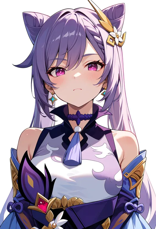 masterpiece, best quality, score_7, safe, keqing (genshin impact), genshin impact, solo, upper body, simple background — by k3scat, made with ComfyUI