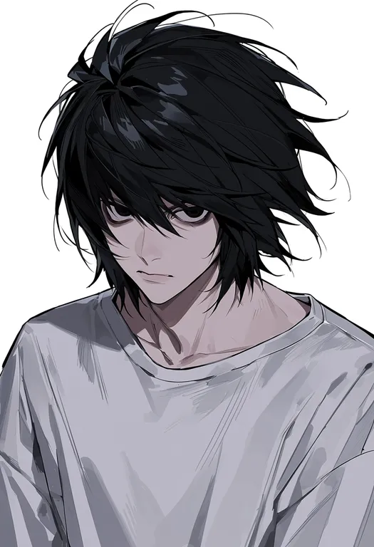 masterpiece, best quality, score_7, safe, l (death note), death note, solo, upper body, simple background — by k3scat, made with ComfyUI