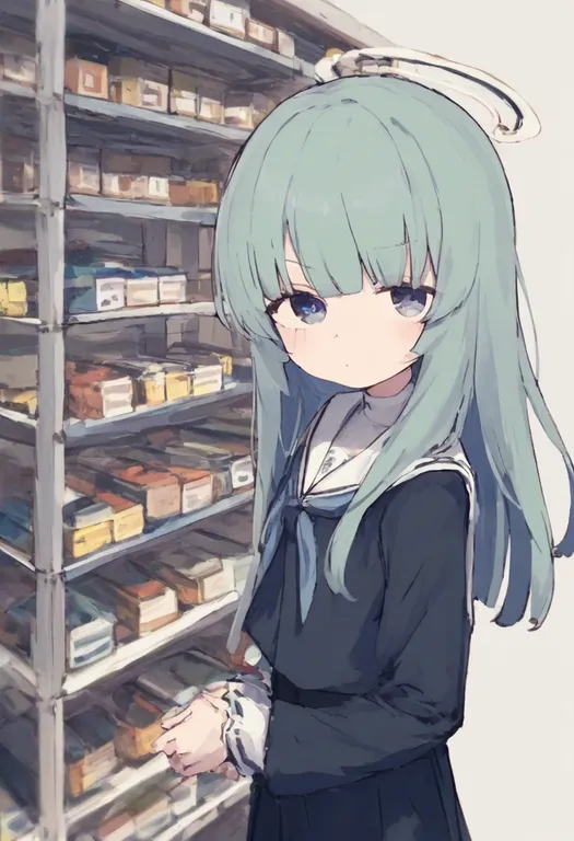 masterpiece, best quality, general, shelf, 1girl, solo, simple background — by k3scat, made with ComfyUI