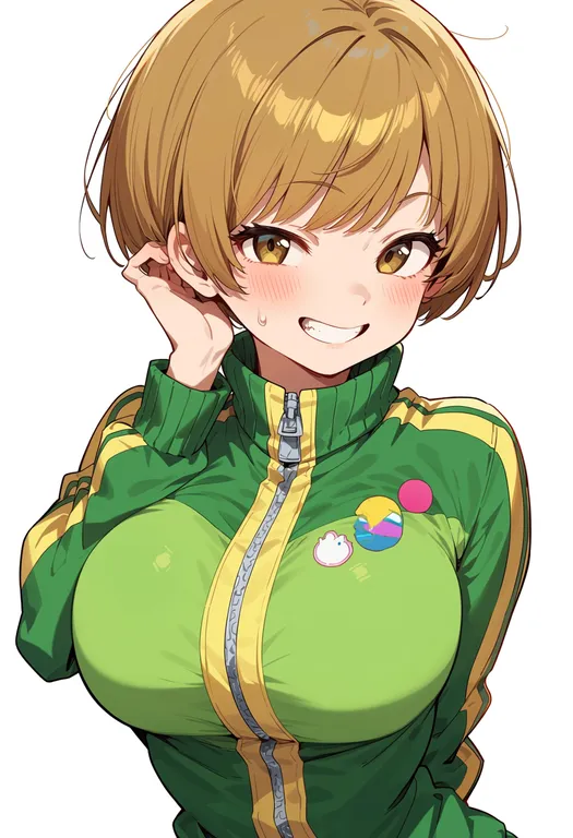 masterpiece, best quality, score_7, safe, satonaka chie, solo, upper body, simple background — by k3scat, made with ComfyUI