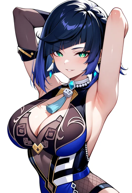 masterpiece, best quality, score_7, safe, yelan (genshin impact), genshin impact, solo, upper body, simple background — by k3scat, made with ComfyUI