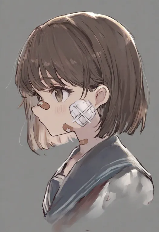masterpiece, best quality, general, bandaid on face, 1girl, solo, simple background — by k3scat, made with ComfyUI