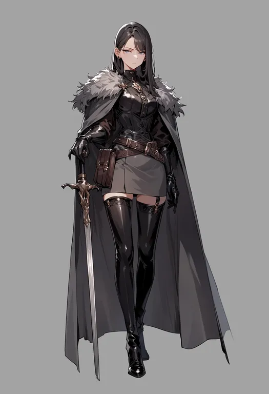 masterpiece, best quality, score_7, safe, grey cape, 1girl, solo, simple background — by k3scat, made with ComfyUI