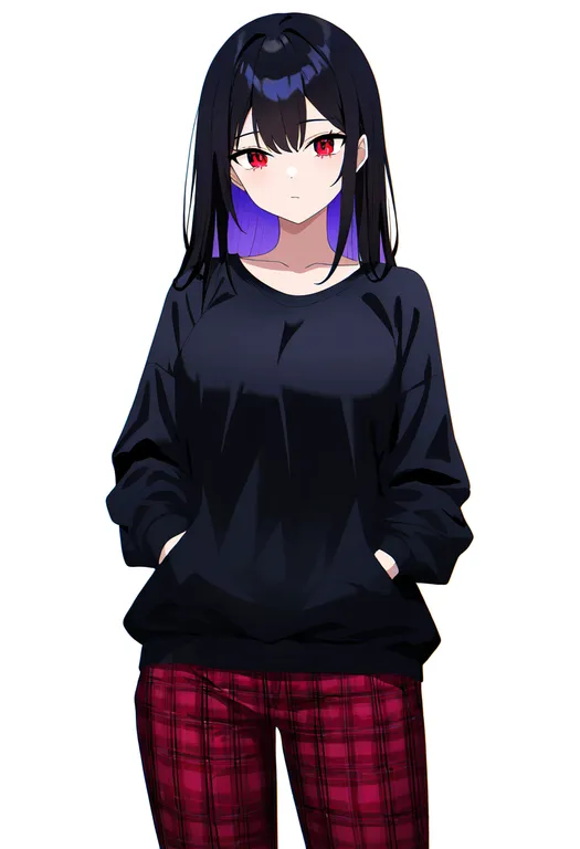 masterpiece, best quality, newest, absurdres, highres, safe, plaid_pants, 1girl, solo, simple_background — by k3scat, made with ComfyUI