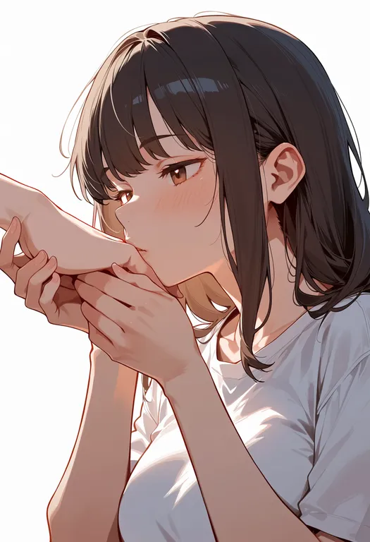 masterpiece, best quality, score_7, safe, kissing hand, 1girl, solo, simple background — by k3scat, made with ComfyUI