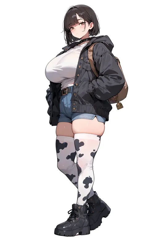 masterpiece, best quality, score_7, safe, cow print thighhighs, 1girl, solo, simple background — by k3scat, made with ComfyUI