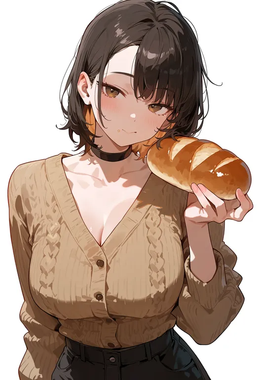 masterpiece, best quality, score_7, safe, loaf of bread, 1girl, solo, upper body, simple background — by k3scat, made with ComfyUI