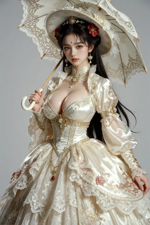 一位身材极致火辣的东方古典美女，长直黑亮长发及腰，头发带有自然光泽，搭配红色花朵发饰和金色发簪，眉心一点鲜红印记，脸庞精致五官立体，红唇丰润微启，眼神妩媚自信略带魅惑，皮肤白皙细腻带有珠光质感，身材高挑丰满，胸部丰挺腰肢纤细，臀部圆润翘挺，…