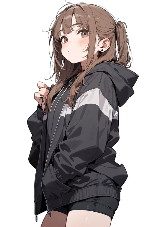 masterpiece, best quality, score_7, safe, striped jacket, 1girl, solo, simple background — by k3scat, made with ComfyUI