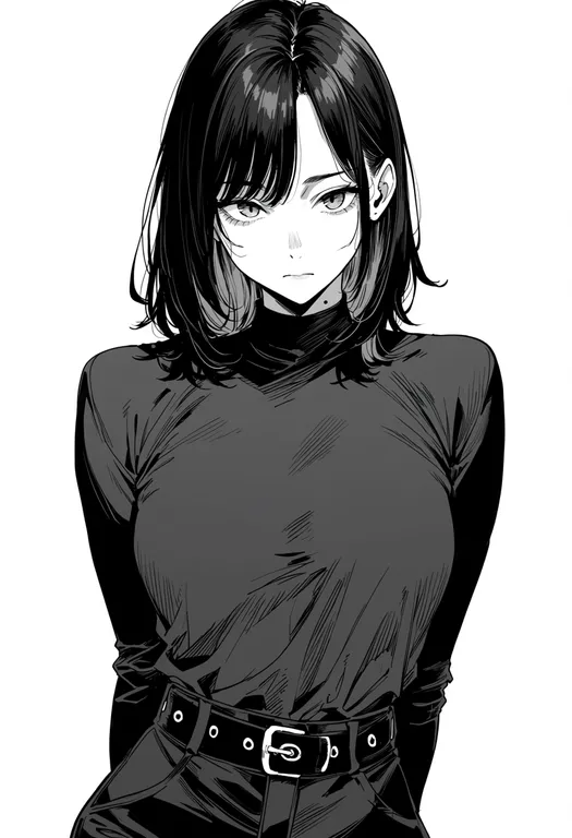 masterpiece, best quality, score_7, safe, belt, 1girl, solo, upper body, simple background — by k3scat, made with ComfyUI