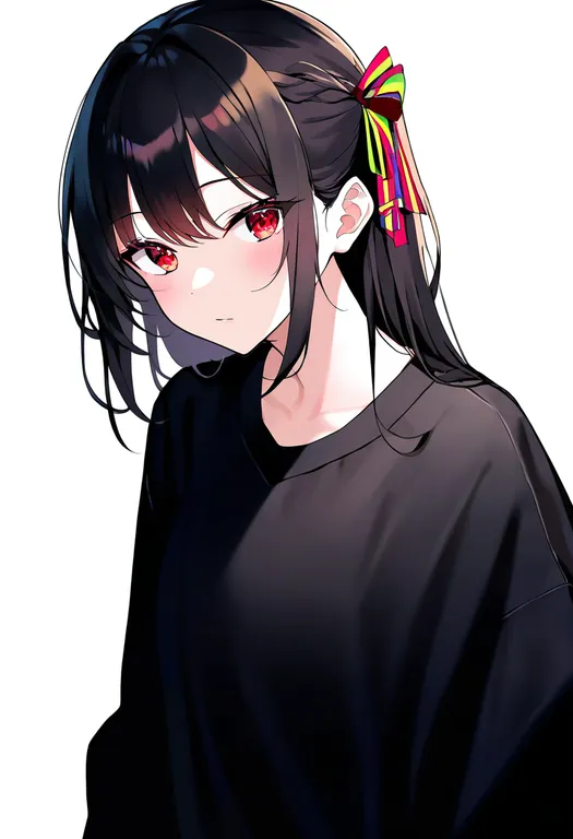 masterpiece, best quality, newest, absurdres, highres, safe, multicolored_ribbon, 1girl, solo, simple_background — by k3scat, made with ComfyUI