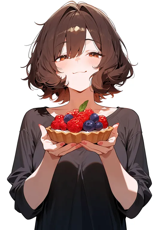masterpiece, best quality, score_7, safe, fruit tart, 1girl, solo, upper body, simple background — by k3scat, made with ComfyUI