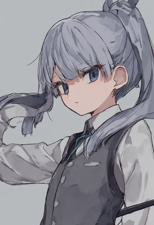 masterpiece, best quality, general, grey vest, 1girl, solo, simple background — by k3scat, made with ComfyUI