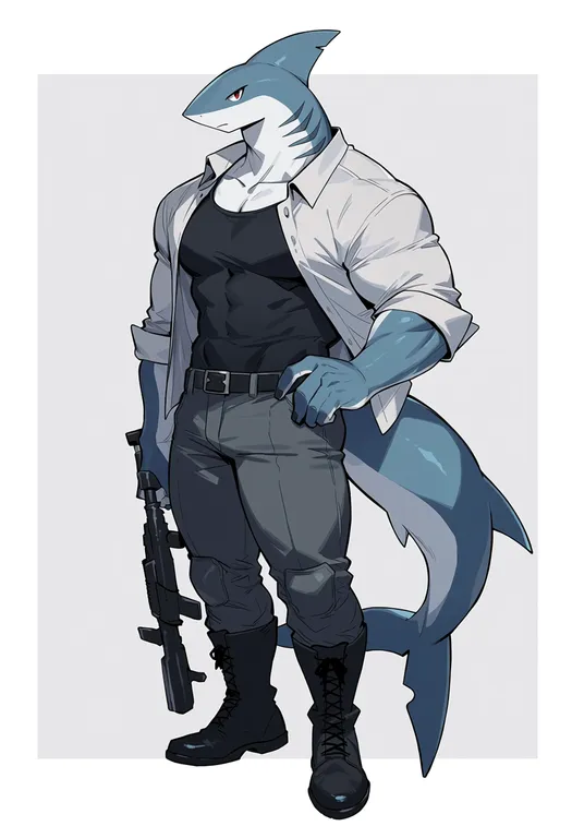 masterpiece, best quality, score_7, safe, shark boy, 1boy, solo, simple background — by k3scat, made with ComfyUI