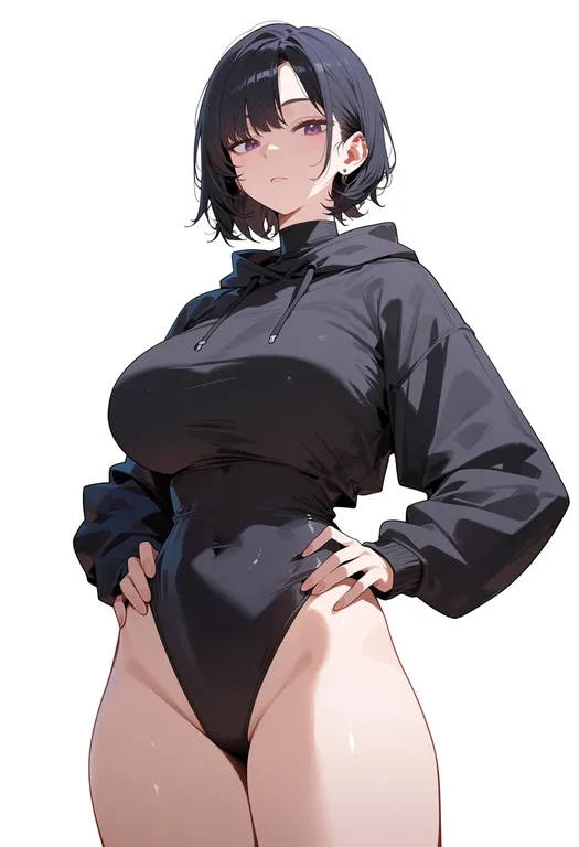 masterpiece, best quality, score_7, safe, leotard under clothes, 1girl, solo, simple background — by k3scat, made with ComfyUI
