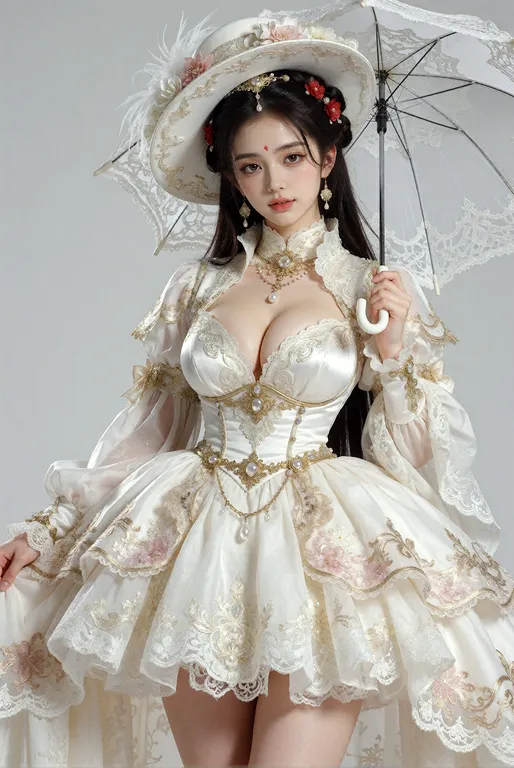 一位身材极致火辣的东方古典美女，长直黑亮长发及腰，头发带有自然光泽，搭配红色花朵发饰和金色发簪，眉心一点鲜红印记，脸庞精致五官立体，红唇丰润微启，眼神妩媚自信略带魅惑，皮肤白皙细腻带有珠光质感，身材高挑丰满，胸部丰挺腰肢纤细，臀部圆润翘挺，…