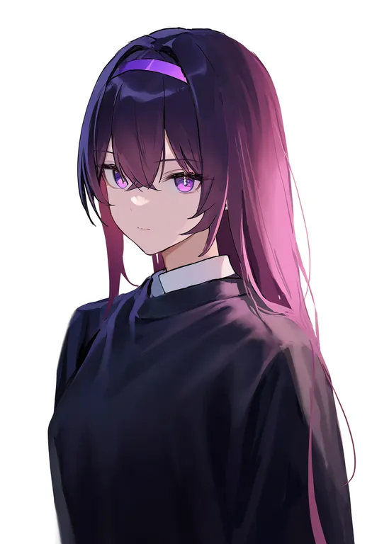 masterpiece, best quality, newest, absurdres, highres, safe, purple_hairband, 1girl, solo, simple_background — by k3scat, made with ComfyUI