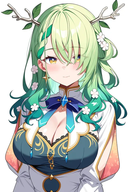 masterpiece, best quality, score_7, safe, ceres fauna (1st costume), solo, upper body, simple background — by k3scat, made with ComfyUI