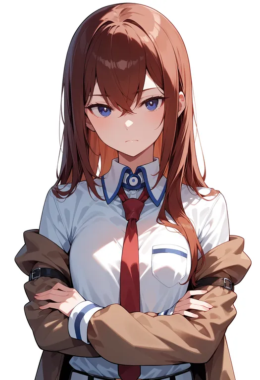 masterpiece, best quality, score_7, safe, makise kurisu, solo, upper body, simple background — by k3scat, made with ComfyUI