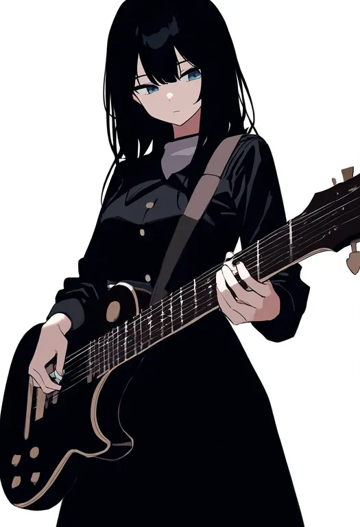 masterpiece, best quality, newest, absurdres, highres, safe, playing_guitar, 1girl, solo, simple_background — by k3scat, made with ComfyUI
