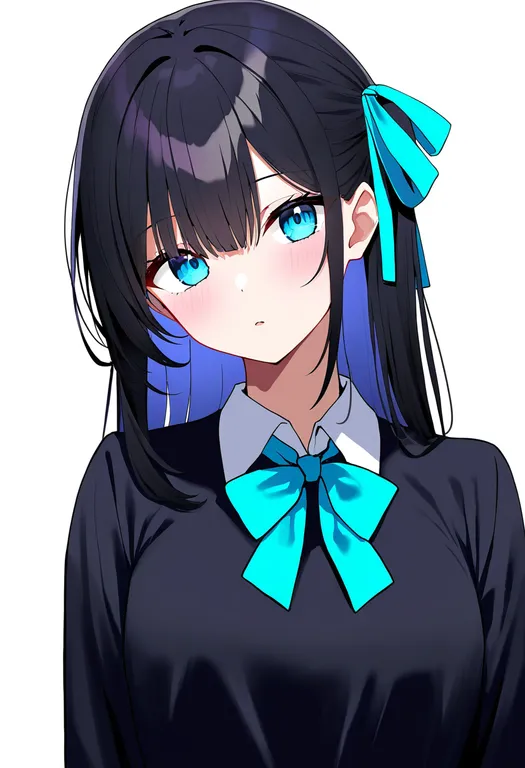 masterpiece, best quality, newest, absurdres, highres, safe, aqua_ribbon, 1girl, solo, simple_background — by k3scat, made with ComfyUI