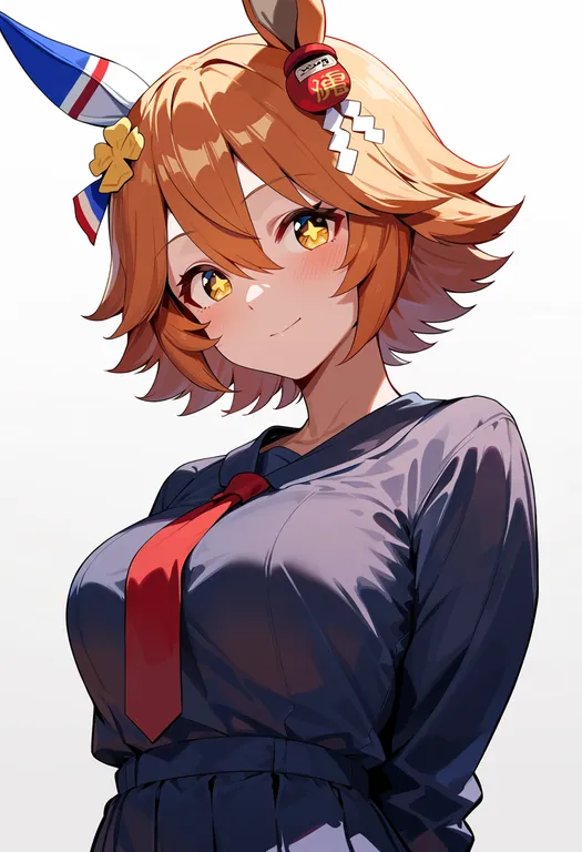 masterpiece, best quality, score_7, safe, matikanefukukitaru (umamusume), umamusume, solo, upper body, simple background — by k3scat, made with ComfyUI