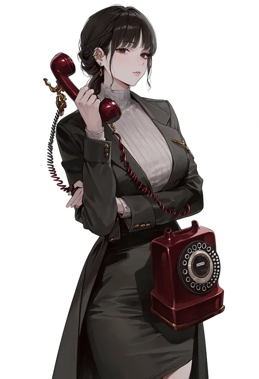 masterpiece, best quality, score_7, safe, antique phone, 1girl, solo, simple background — by k3scat, made with ComfyUI
