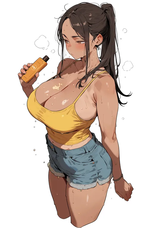 masterpiece, best quality, score_7, safe, sunscreen, 1girl, solo, simple background — by k3scat, made with ComfyUI