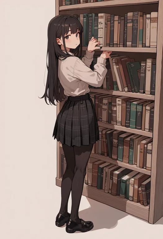 masterpiece, best quality, score_7, safe, bookshelf, 1girl, solo, simple background — by k3scat, made with ComfyUI
