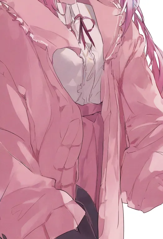 masterpiece, best quality, general, pink cardigan, 1girl, solo, simple background — by k3scat, made with ComfyUI