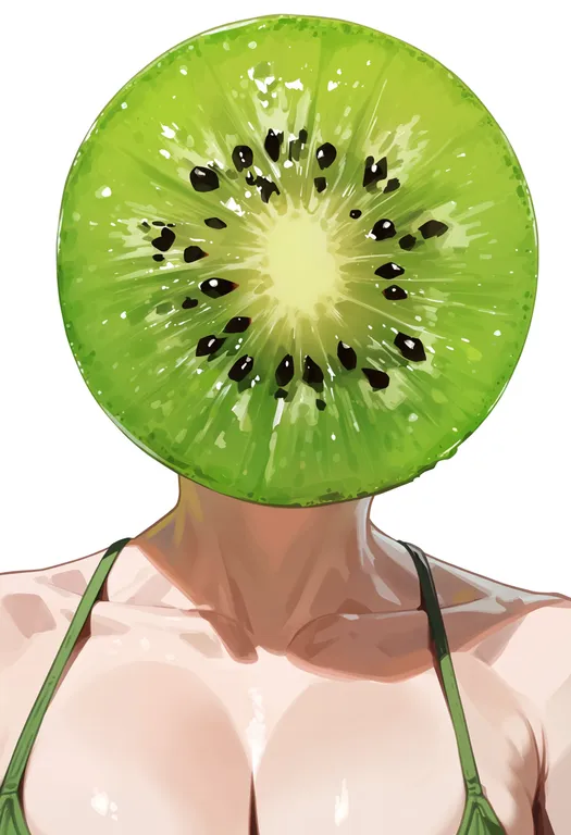 masterpiece, best quality, score_7, safe, kiwi slice, 1girl, solo, upper body, simple background — by k3scat, made with ComfyUI
