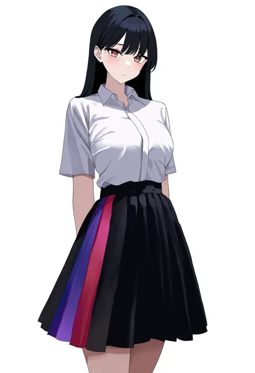 masterpiece, best quality, newest, absurdres, highres, safe, multicolored_skirt, 1girl, solo, simple_background — by k3scat, made with ComfyUI