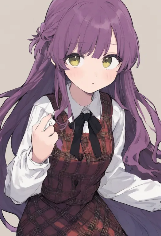 masterpiece, best quality, general, plaid vest, 1girl, solo, simple background — by k3scat, made with ComfyUI