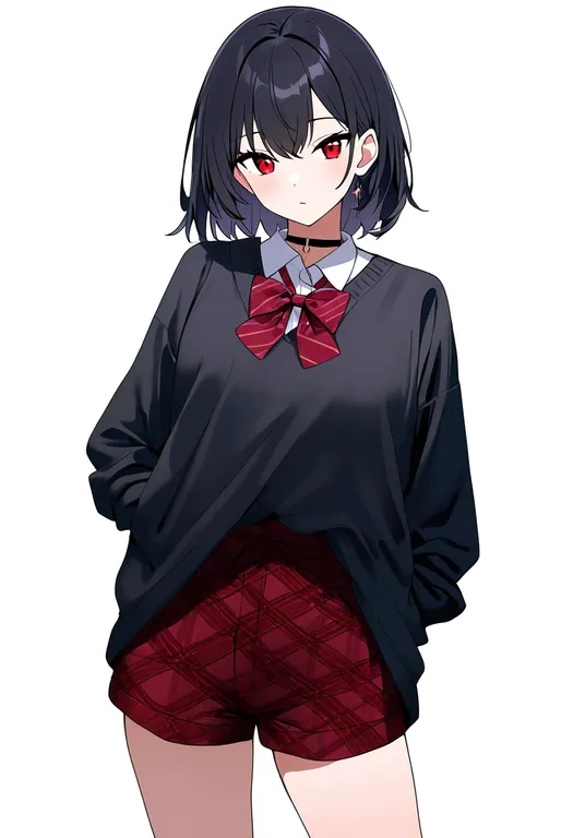 masterpiece, best quality, newest, absurdres, highres, safe, plaid_shorts, 1girl, solo, simple_background — by k3scat, made with ComfyUI