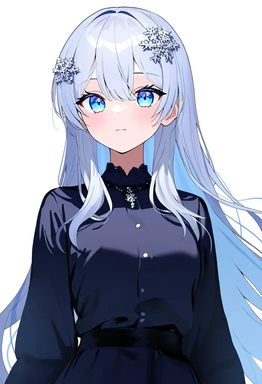 masterpiece, best quality, newest, absurdres, highres, safe, snowflake_hair_ornament, 1girl, solo, simple_background — by k3scat, made with ComfyUI