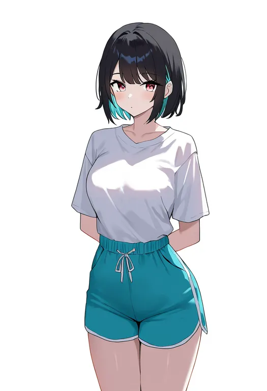 masterpiece, best quality, newest, absurdres, highres, safe, aqua_shorts, 1girl, solo, simple_background — by k3scat, made with ComfyUI
