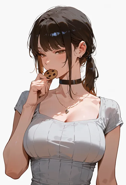 masterpiece, best quality, score_7, safe, cookie, 1girl, solo, upper body, simple background — by k3scat, made with ComfyUI
