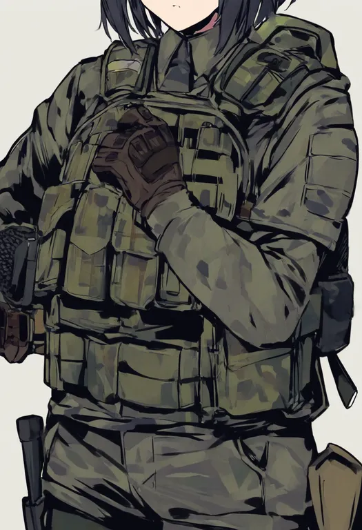 masterpiece, best quality, general, load-bearing vest, 1girl, solo, simple background — by k3scat, made with ComfyUI