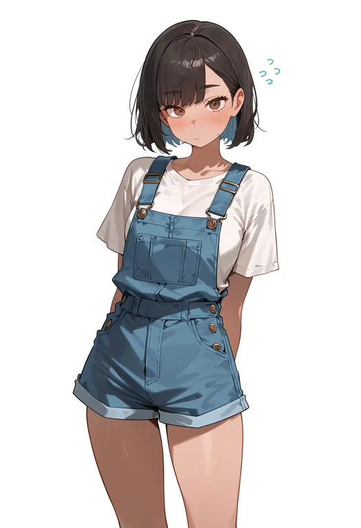 masterpiece, best quality, score_7, safe, overall shorts, 1girl, solo, simple background — by k3scat, made with ComfyUI