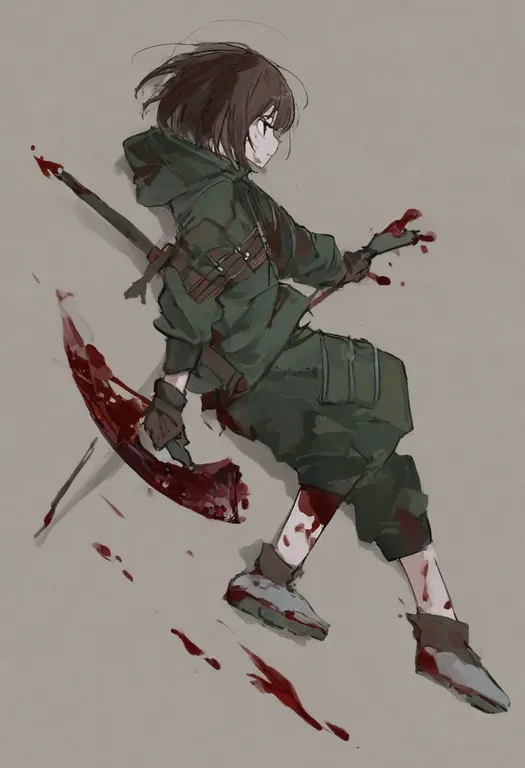 masterpiece, best quality, general, blood on weapon, 1girl, solo, simple background — by k3scat, made with ComfyUI