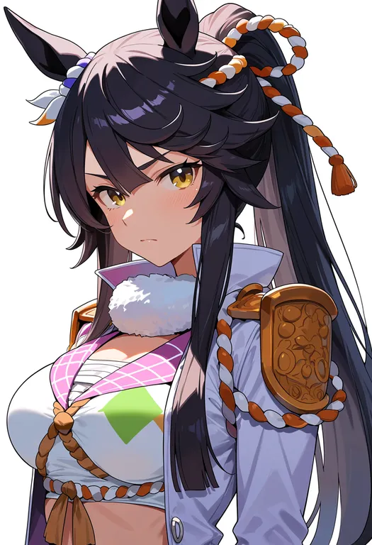 masterpiece, best quality, score_7, safe, narita brian (umamusume), umamusume, solo, upper body, simple background — by k3scat, made with ComfyUI