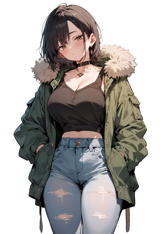 masterpiece, best quality, score_7, safe, fur-trimmed shirt, 1girl, solo, simple background — by k3scat, made with ComfyUI