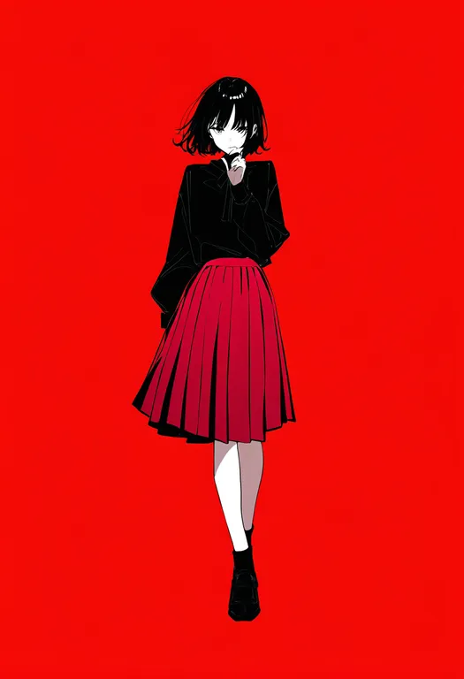 masterpiece, best quality, newest, absurdres, highres, safe, red_skirt, 1girl, solo, simple_background — by k3scat, made with ComfyUI